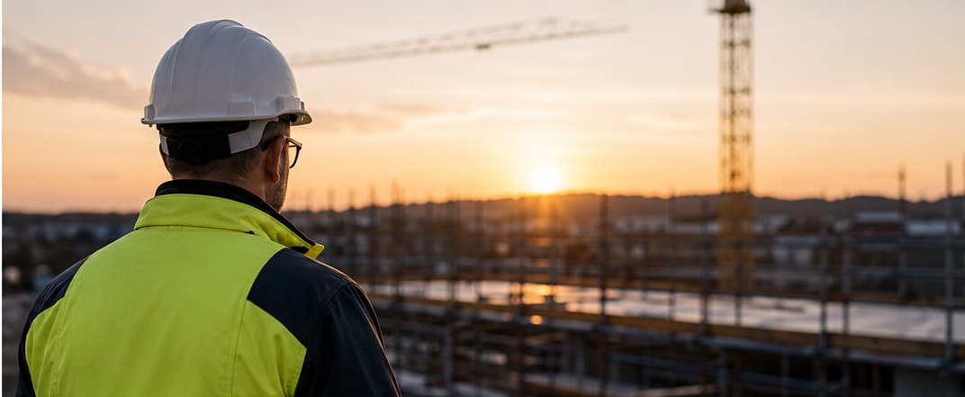 Marcel Sohn blickt über eine Baustelle bei Sonnenuntergang