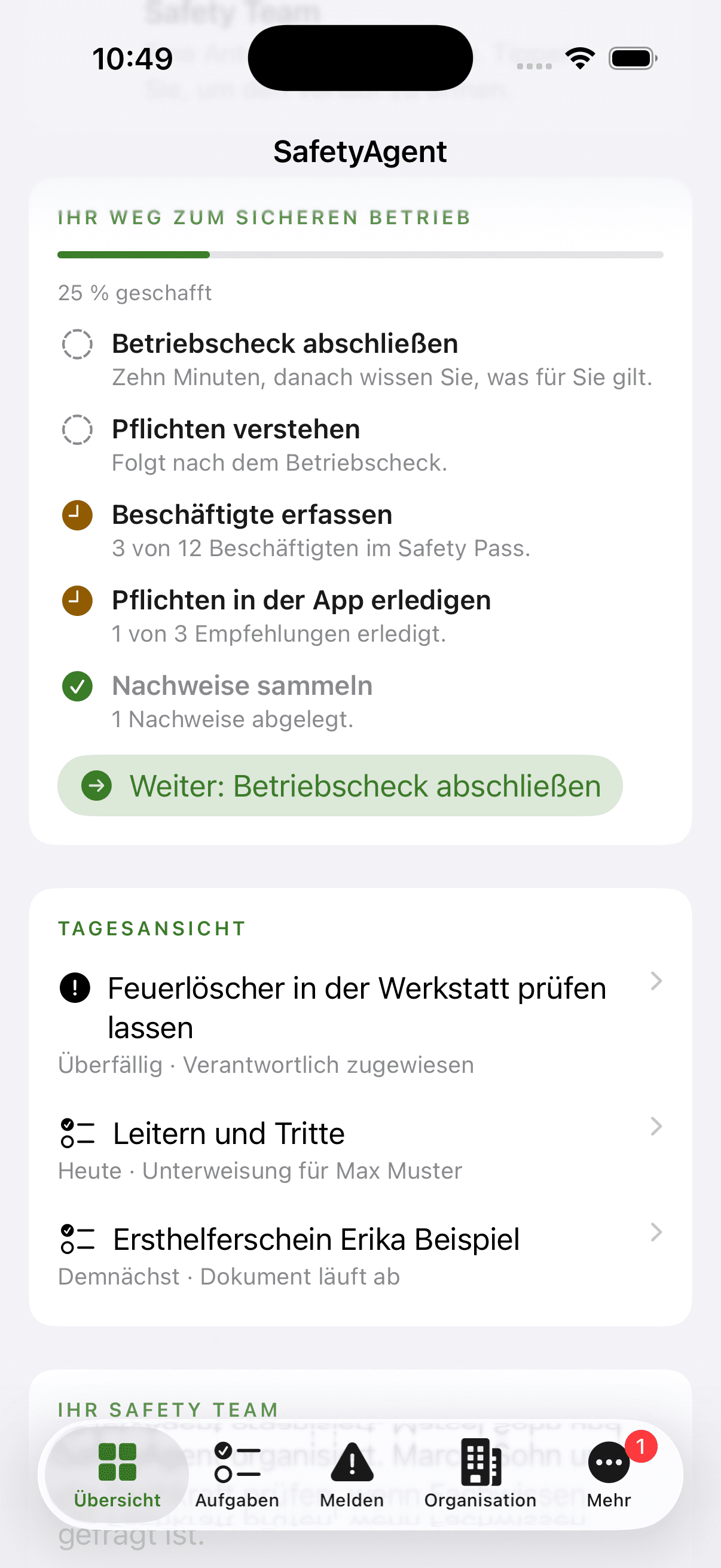 SafetyAgent App für iPhone, Fahrplan: fünf Schritte vom Betriebscheck bis zu den Nachweisen mit Fortschritt