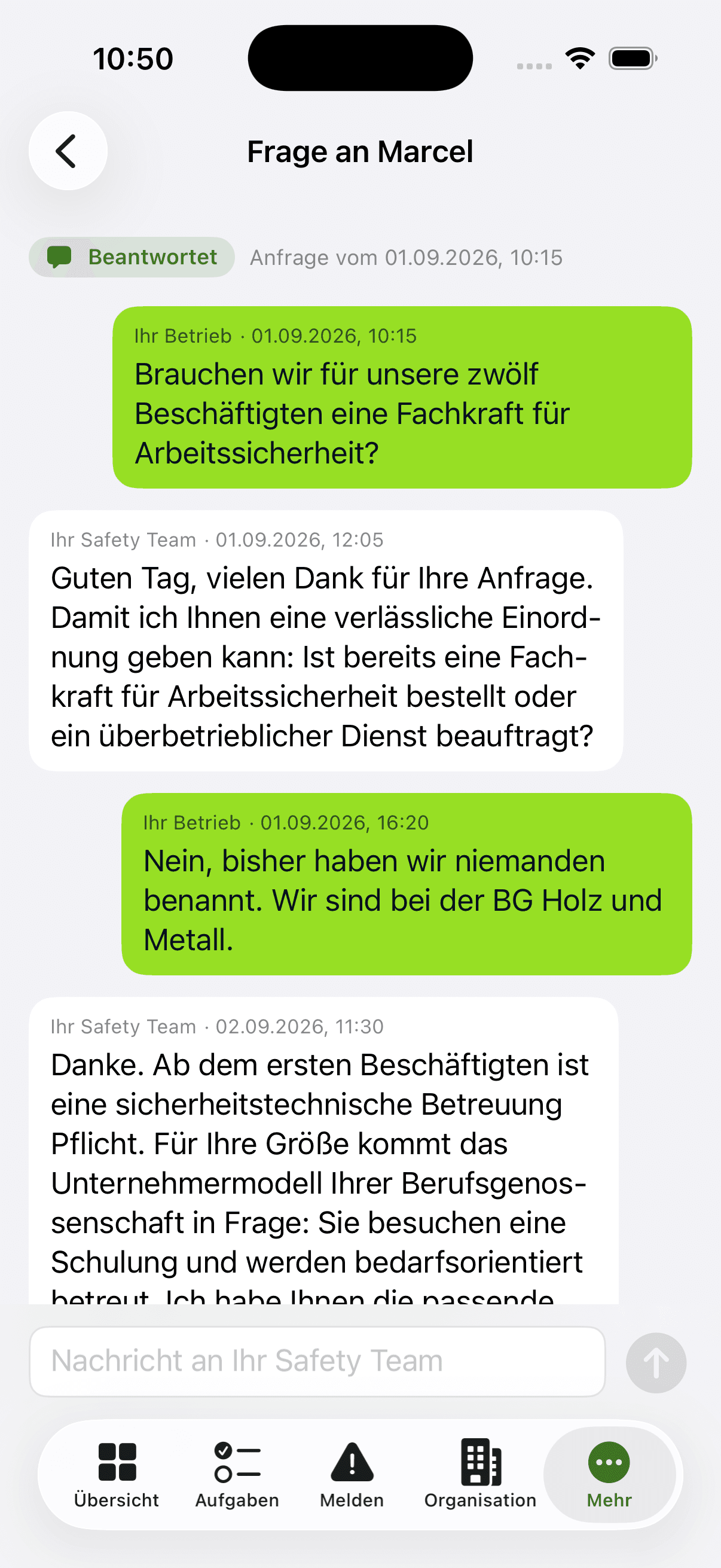 SafetyAgent App für iPhone, Safety Team: Antwort der Fachkraft im Nachrichtenverlauf