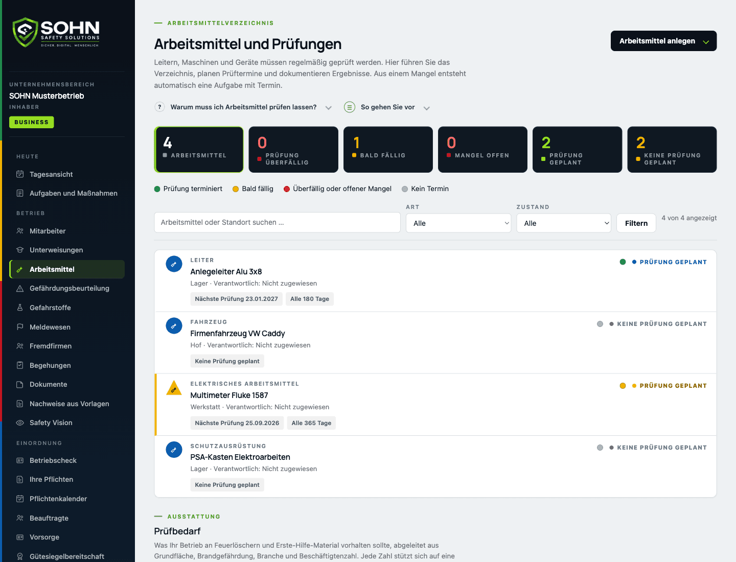 SafetyAgent Arbeitsmittel, echte Anwendungsoberfläche aus der Live-Demo: Objektakten mit Prüfterminen